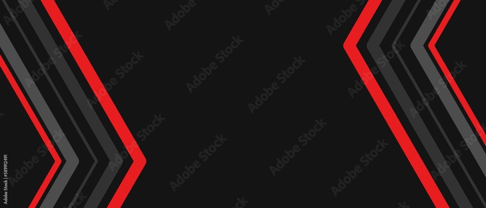 Fototapeta premium Black abstract wide horizontal banner with red and gray lines