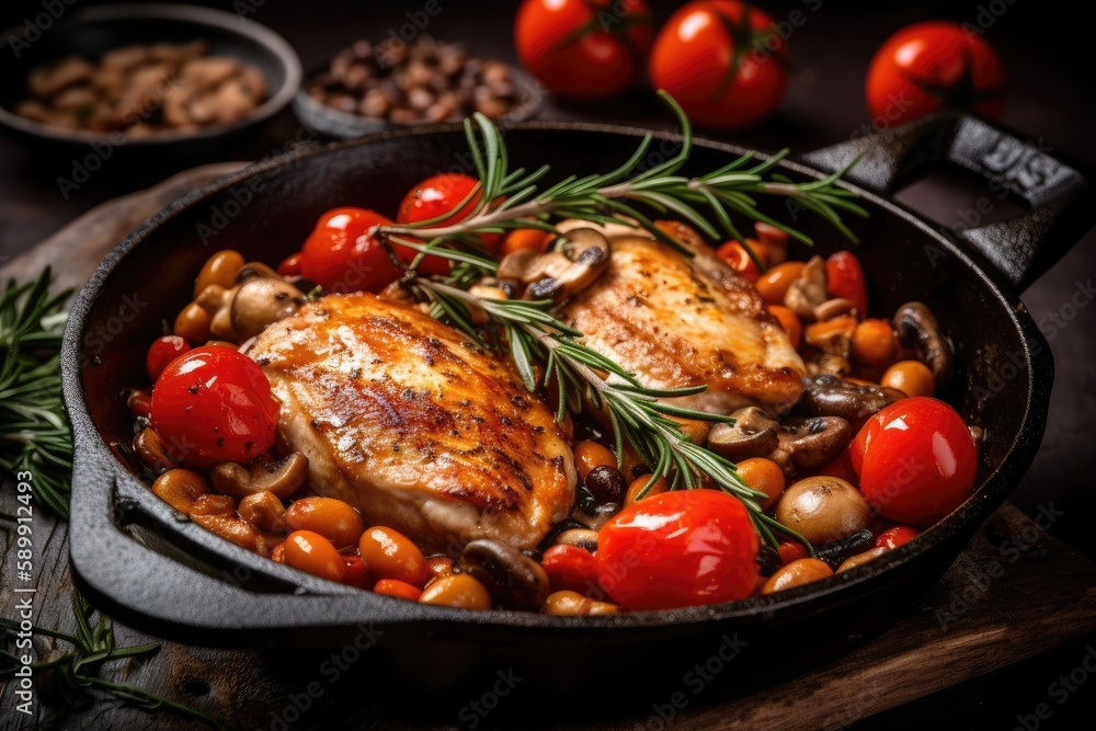 delicious chicken skillet with mushrooms and tomatoes. Generative AI