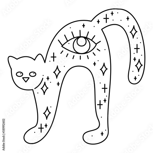 Silhouette of a cute esoteric cat with an all-seeing eye and stars. Doodle vector illustration, clipart.