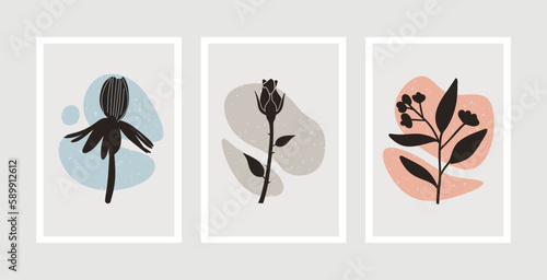 Abstract wall art vector set. Hand drawing floral plants with abstract shape for decoration, print, cover, wallpaper, Minimal and natural wall art. Vector illustration