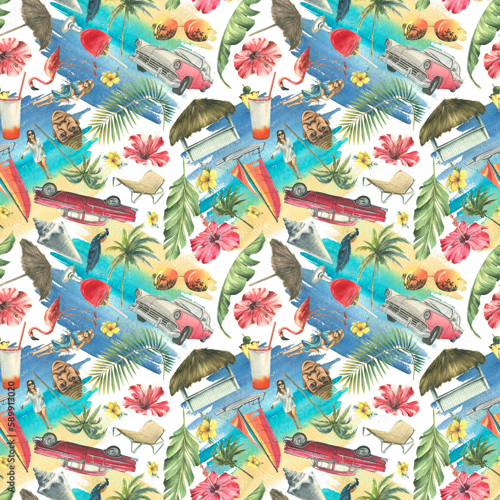 Cuban print, retro cars, palm trees, pink flamingos, sea, sand, shells, flowers. Watercolor illustration. Bright, beachy seamless pattern for fabrics, textiles, wallpapers, clothing accessories