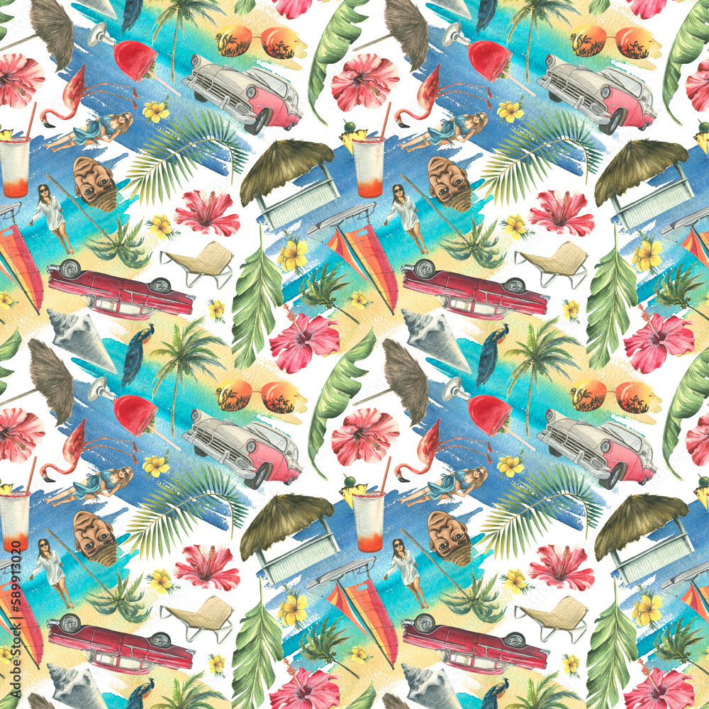 Obraz premium Cuban print, retro cars, palm trees, pink flamingos, sea, sand, shells, flowers. Watercolor illustration. Bright, beachy seamless pattern for fabrics, textiles, wallpapers, clothing accessories