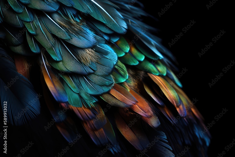 Obraz premium Multicolored feathers, fantastic bird wing. Generative AI