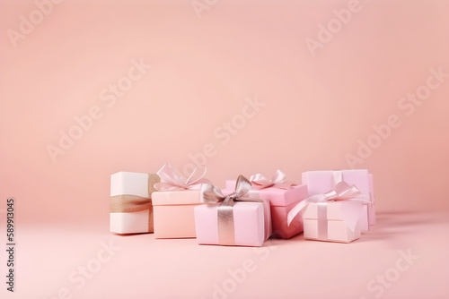 Set of different present boxes with silk ribbons bow on paslet pink background. Gift or holiday concept. Mothers Day, birthday, wedding or St Valentines day banner, copy space. Generative AI