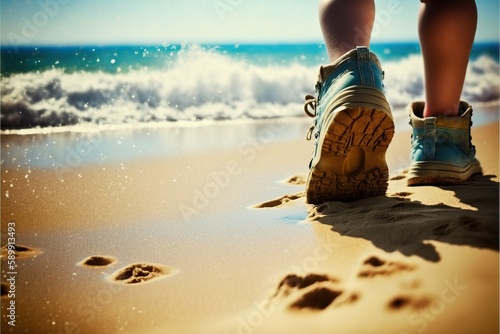 Child walking on the beach on a sunny day. Illustration generated by AI.
