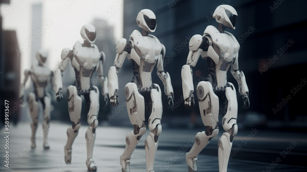a group of robots walking down the street in a modern city of the future against a blurred background. AI generated
