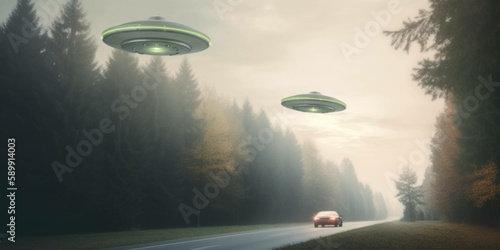 Unidentified flying object. Two UFOs flying over a road among the trees
