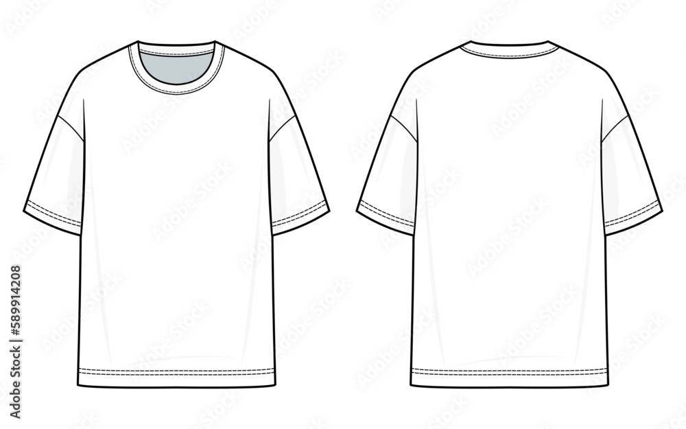 Oversized T-shirt fashion flat technical drawing template. Flat apparel, T- shirt fashion flat illustration. front and back view, white color, unisex,  CAD mock set. Stock Vector | Adobe Stock