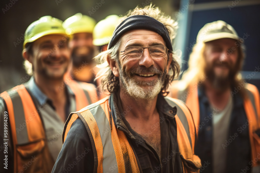 A group of happy workers laughing. Created with Generative AI technology. A group of happy workers laughing. Created with Generative AI technology.