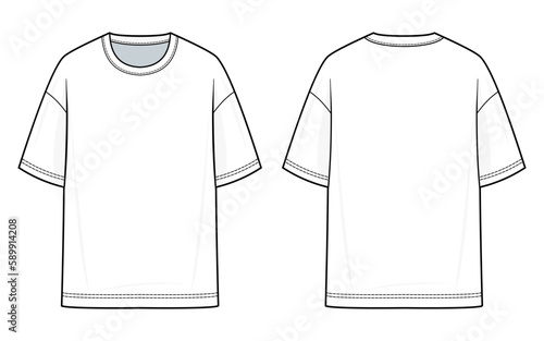 Oversized T-shirt fashion flat technical drawing template. Flat apparel, T-shirt fashion flat illustration. front and back view, white color, unisex, CAD mock set. photo