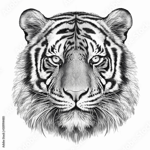 Graphic portrait of tiger on white background for T-shirt design. Generative AI