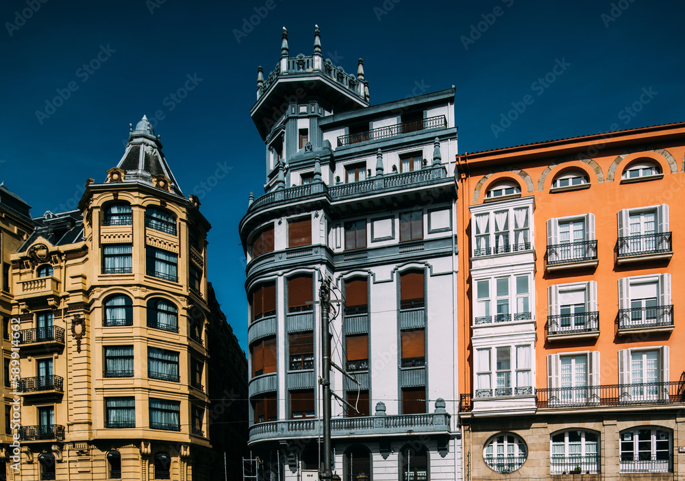 Traditional colourful architecture in the historic centre of Bilbao, Basque Country, Spain