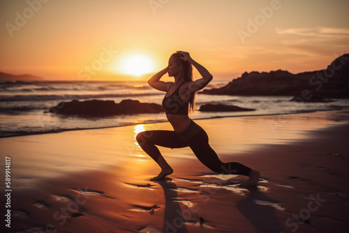 Young woman practicing yoga on the beach at sunrise. Created with Generative AI technology.