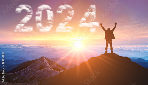 2024. New Year 2024, New Start motivation inspirational quote message. Man meets dawn in mountains for new year 2024. New Start motivation inspirational quote message on silhouette man