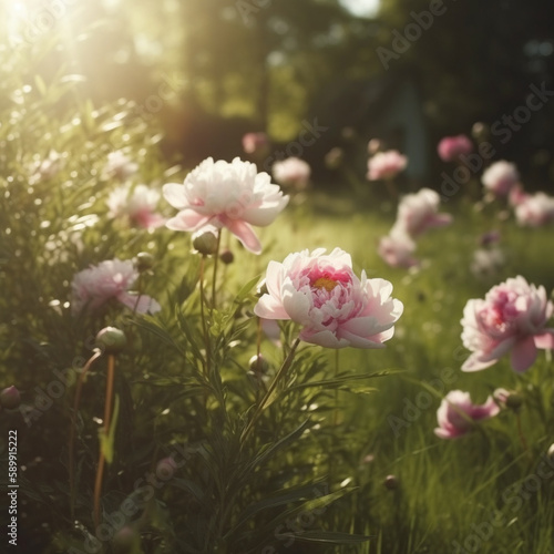 Fototapeta Naklejka Na Ścianę i Meble -  Pink peonies flowers in the morning garden, AI