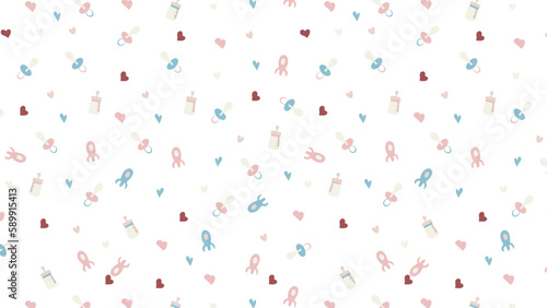 Hand-drawn seamless pattern with baby pacifier and bottle