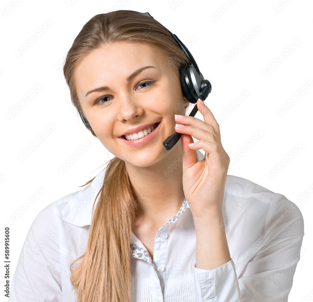 Portrait of beautiful young businesswoman in headset looking at camera on a white background Portrait of beautiful young businesswoman in headset looking at camera on a white background