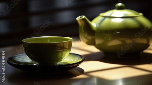 healthy green tea cup with tea leaves. generative ai