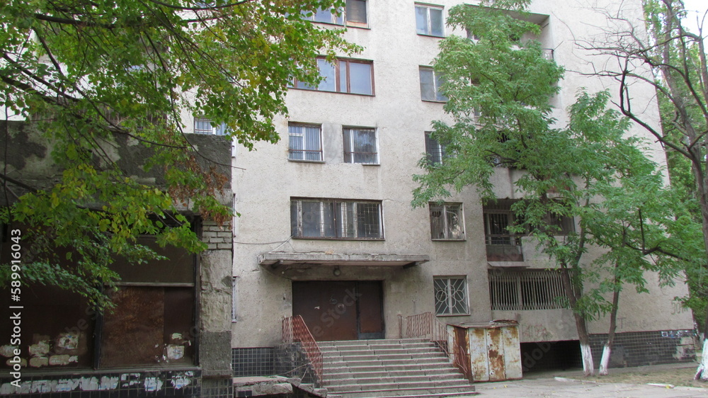 Old Soviet houses. The main entrance to the abandoned Soviet house
