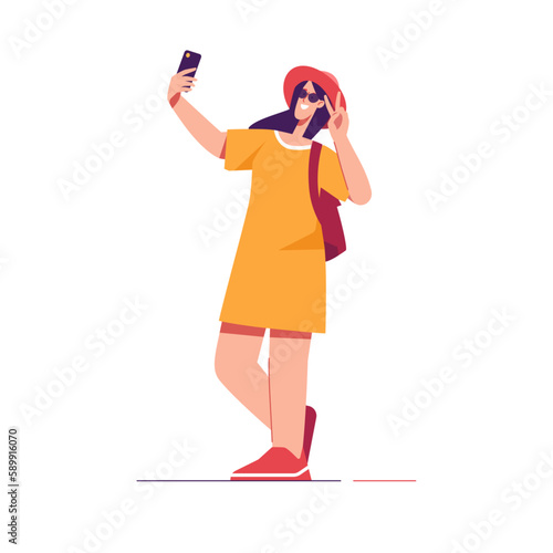 Vector illustration of woman tourist traveler wearing hat with backpack taking selfie