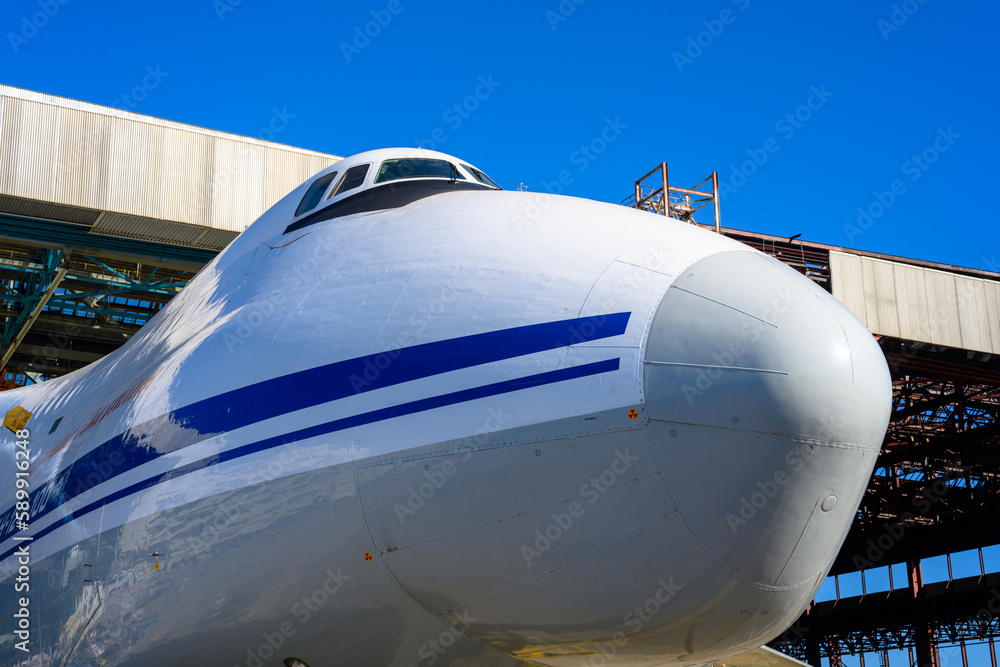 The production and repair of the largest transport aircraft AN-124 at an aircraft factory. The aviation industry.