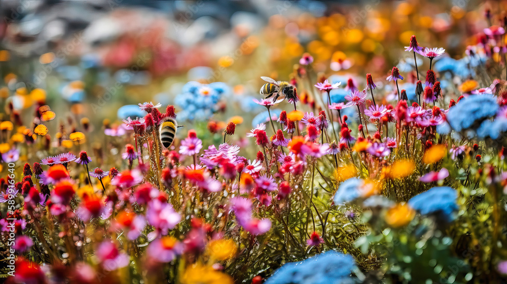 Bienen fliegen auf einer bunten Alpen Blumenwiese, im Hintergrund ein kleiner Bach, als Banner oder Hintergrund nutzbar, Generative AI