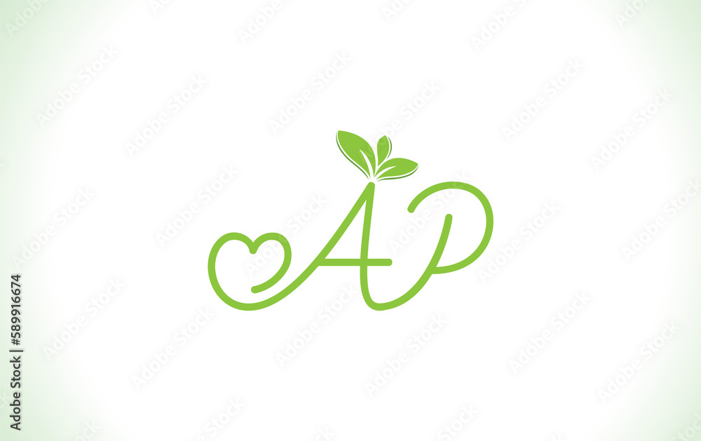 Obraz premium Nutrition logo and green healthy love leaf symbol with love font logo design. Heart sign leaf nature logo. Green eco letters logo