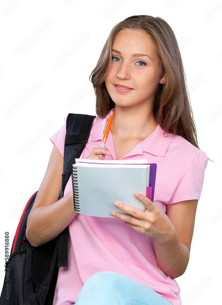 Pretty young woman student isolated on white background Pretty young woman student isolated on white background