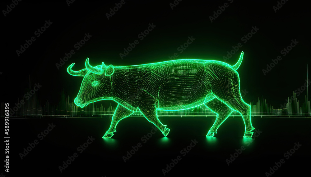 Fototapeta premium AI generated illustration of Bull stock exchange. glowing neon bull