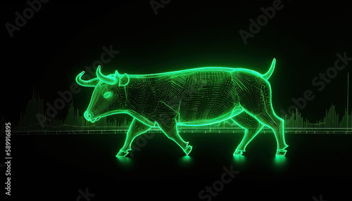AI generated  illustration of Bull stock exchange. glowing neon bull
