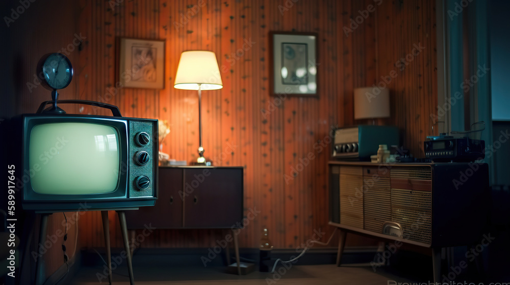 Oldfashioned classic tube TV in a retro living space. Nostalgic home