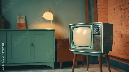 Old-fashioned classic tube TV in a retro living space. Nostalgic home decor in vintage-inspired colors. Based on Generative AI