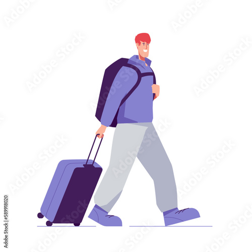 Vector illustration of a walking man tourist traveler with backpack and suitcase