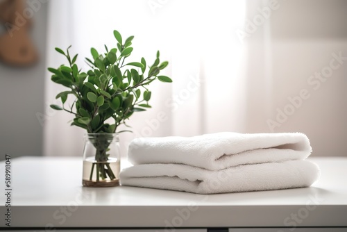 Roll of clean bath towel on white table  copy space   folded terry towels lie on clean white bed. Cleaning in guest room of hotel  cleanliness  laundry  Generative AI