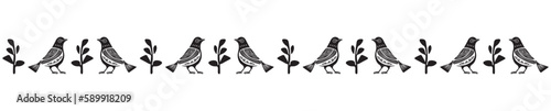 Monochrome bird bordure, edging of wildlife trim for botanical linear strip. 
