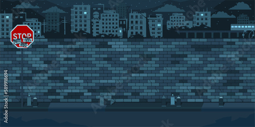 Dark Flat Empty Night Brick Wall With Background Of The Cityscape Vector Illustration Template