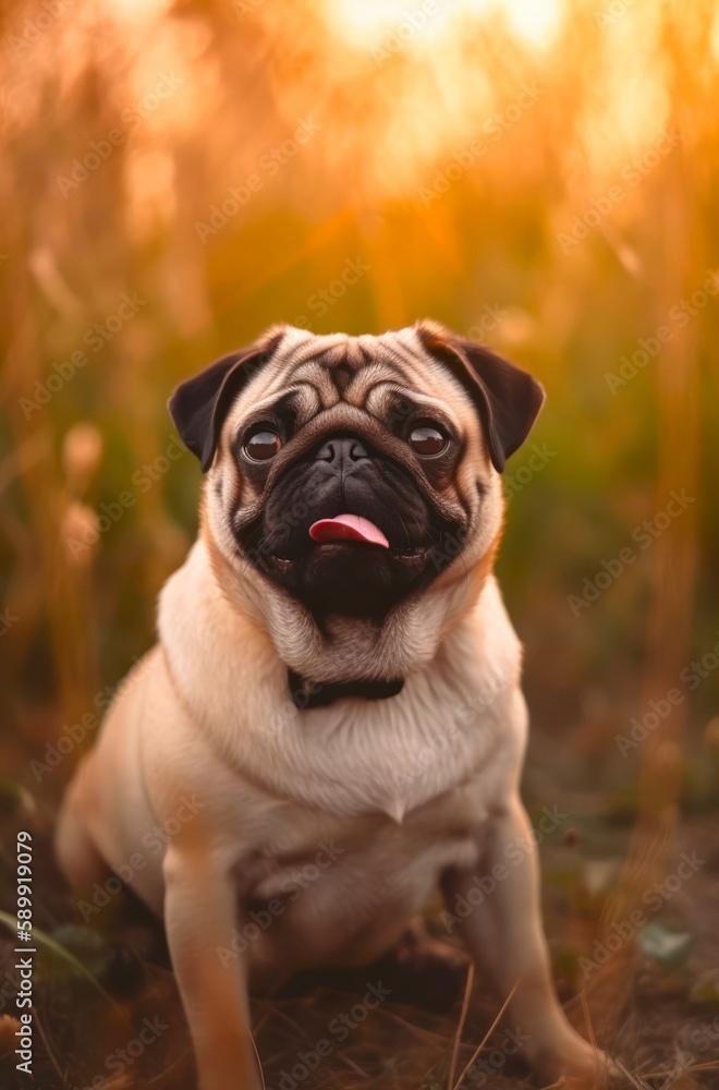 Portrait of a small fawn-colored pug outdoor. Generative AI.