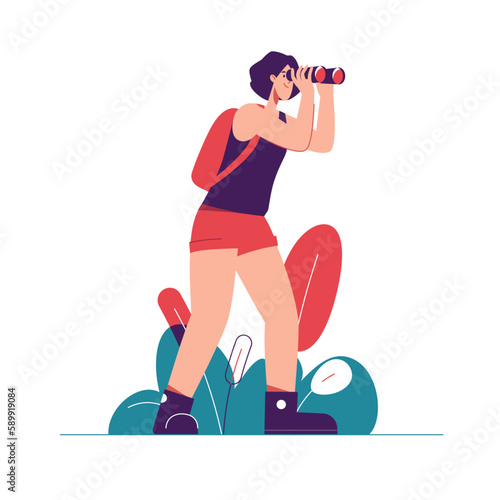 Vector illustration of woman tourist traveler with backpack looks through binocular