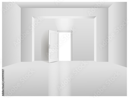 The interior of an empty room with a white wall and an open door.
 Free space for copying, 3d image.