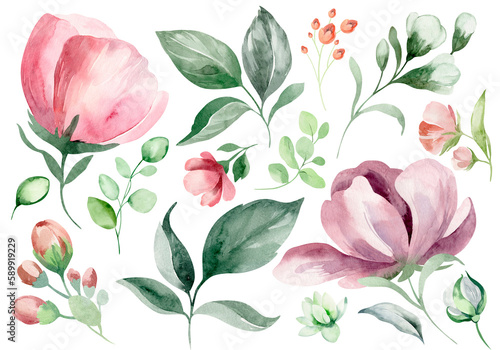 Set of watercolor floral elements. Collection of elements of flowers, green leaves - for bouquets, wreaths, arrangements, wedding invitations, anniversaries, birthdays, cards, congratulations, cards