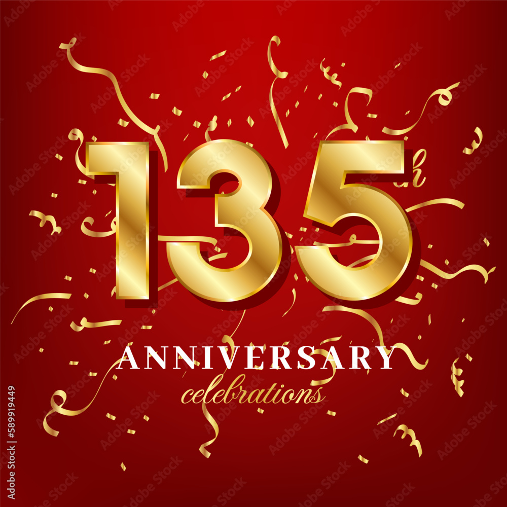 135 golden numbers and anniversary celebrating text with golden confetti spread on a red background
