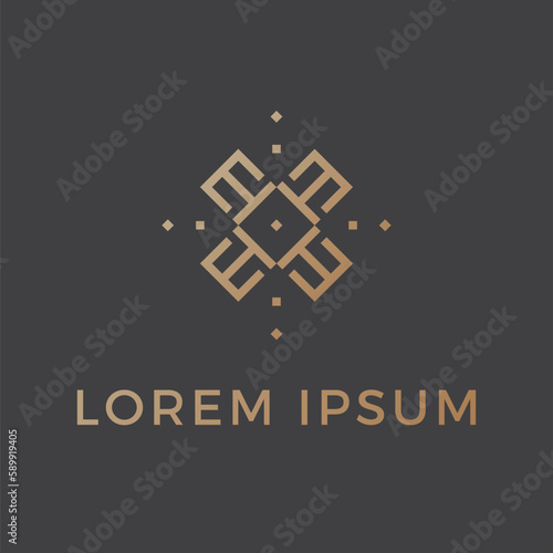 Letter E X Gold with dark grey background Abstract symbol in ornamental navajo logo square