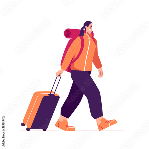 Vector illustration of woman tourist traveler with backpack and suitcase