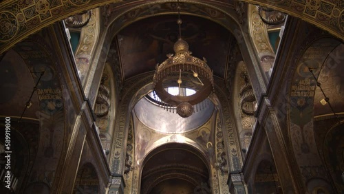Wallpaper Mural Camera movement inside the Church. Ancient cathedral, Сhristian Orthodox Church. Old historic building with icons, inside the interior wall painting. Slow motion. Torontodigital.ca