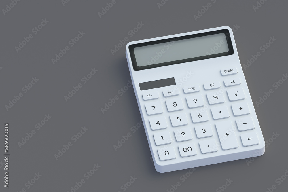 Calculator on dark background. Back to school. Office supplies. Financial crisis. Home, family budget. Copy space. 3d render Calculator on dark background. Back to school. Office supplies. Financial crisis. Home, family budget. Copy space. 3d render