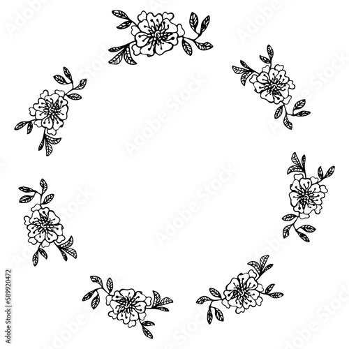 Cute hand drawn round frame with floral elements, herbs, leaves, flowers, twigs. Doodle vector mandala illustration for wedding design, logo and greeting card.