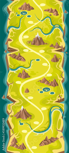  Level Map for Mobile Game. Vertical map for arcade, match 3 or any other app.
River and mountains top view landscape aerial map. Game path. Endless and seamless map    