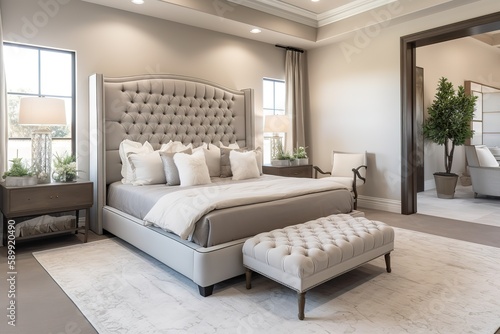 interior of modern bedroom   Luxury bedroom with golden furniture in royal interior   Interior of a hotel bedroom in the morning   Modern bedroom interior with concrete walls  Generative AI