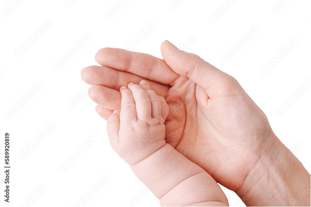 Close-up of mother hands holding a small hand of a newborn baby isolated on a white background. Happy family life concept. Close-up of mother hands holding a small hand of a newborn baby isolated on a white background. Happy family life concept.