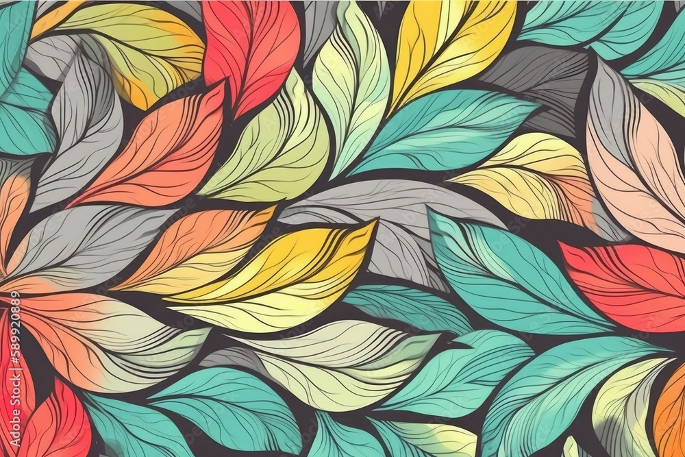 colorful leaves pattern on black background. Generative AI